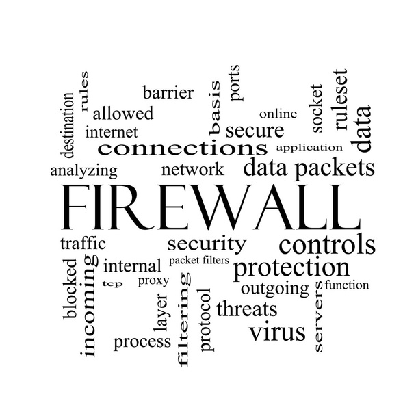 Brána firewall slovo mrak koncepce v černé a bílé - Fotografie, Obrázek