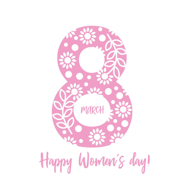 Tarjeta de felicitación para el 8 de marzo, estandarte del Día Internacional de la Mujer con flores. Vector para tarjeta de felicitación, postal vintage floral de primavera con patrón - Vector, Imagen