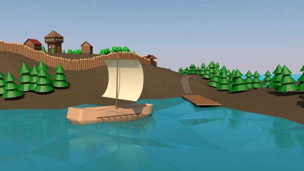 3D-Rendering eines Low-Poly-Schiffes auf Rudern, einem antiken Muster, das in eine antike Holzstadt segelt. Low-Poly-Illustration eines alten Wikingerbootes auf Rudern. Segelboot der alten Slawen. - Foto, Bild