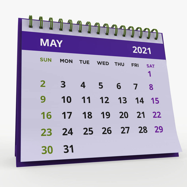 Календарь Стоячий стол Май 2021. Ежемесячный календарь с зеленой спиралью, неделя начинается в воскресенье. Фиолетовые страницы выделены на белом фоне, 3d рендеринг. - Фото, изображение