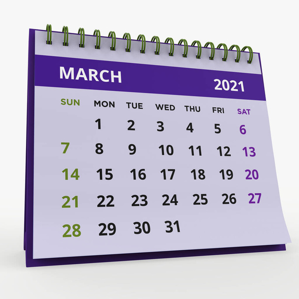 Calendario de escritorio de pie MARZO 2021.Calendario mensual de negocios con espiral verde, la semana comienza el domingo. Páginas violetas aisladas sobre un fondo blanco, 3d render. - Foto, Imagen