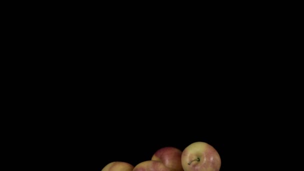 Fliegende Äpfel auf schwarzem Hintergrund. Bio-Früchte. - Filmmaterial, Video