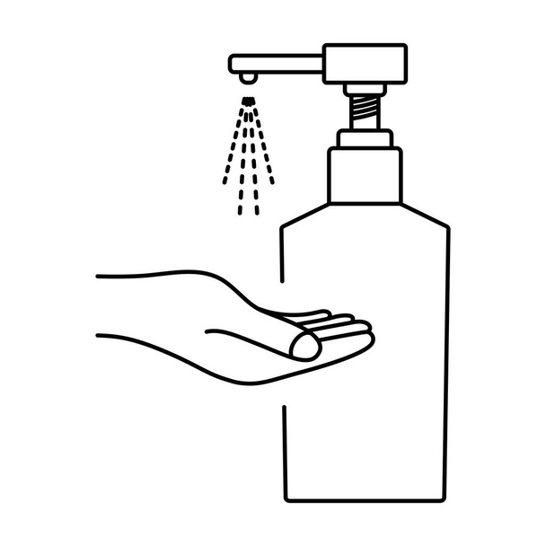 Χέρι απολυμαντικό, μπουκάλι αντλία. Χέρι απολυμαντικό μπουκάλι αλκοόλ τζελ για καθαρισμό, απολύμανση και πλύσιμο. Υγρό σαπούνι αποστείρωσης. Εφαρμόζοντας ένα ενυδατικό απολυμαντικό. Αντισηπτικό τζελ. Επεξεργάσιμο εγκεφαλικό επεισόδιο. Διάνυσμα - Διάνυσμα, εικόνα