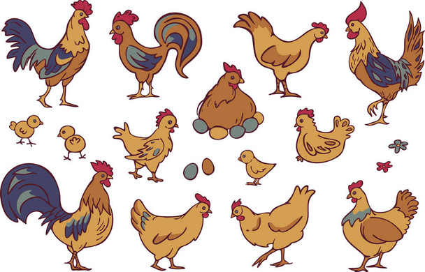 Vector collection set with roosters, hens, chicks and eggs. - Vector, Image