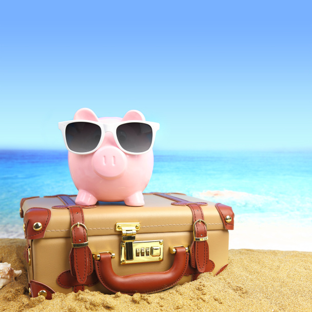 Suitcase with piggy bank in sunglasses on tropical beach - Photo, Image