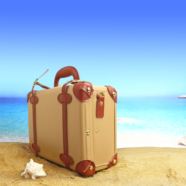 zamknięte walizka na tle tropikalnej plaży - Zdjęcie, obraz
