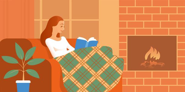 Dívka čte doma na gauči knihu. - Vektor, obrázek