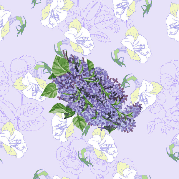 Seamless pattern  with lilac and flowers - Vektori, kuva