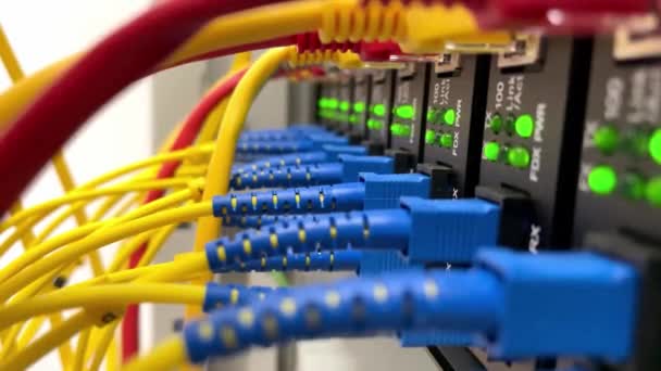 convertidor de fibra óptica, cable de fibra óptica y Ethernet conectado al interruptor en la sala de servidores, ledes intermitentes  - Imágenes, Vídeo
