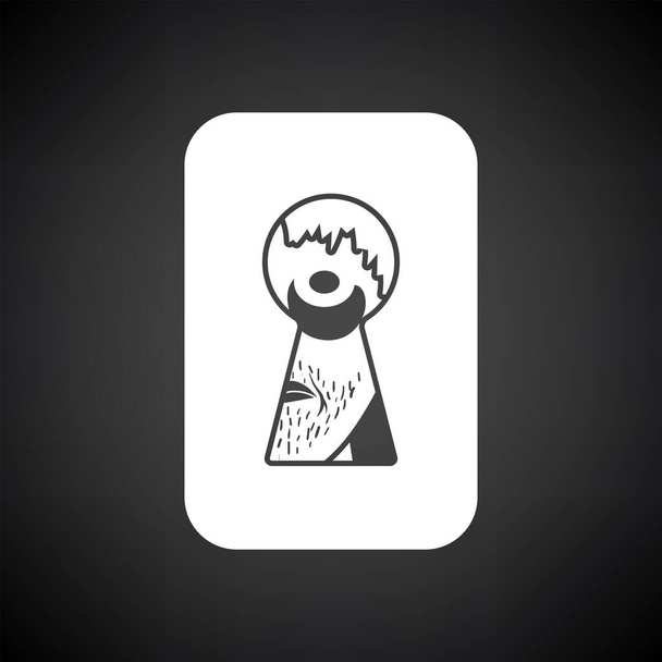 Krimineller Blick durch Schlüsselloch-Ikone Weiß auf schwarzem Hintergrund. Vektorillustration. - Vektor, Bild