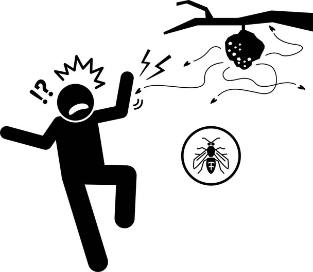 Owady i pasożyty atakują, gryzą i kłują ludzi. Ikony, znaki i symbole przedstawiają mrówki, osy, wszy, komary, robaki, pijawki, pchły, roztocza, robaki i muchy piaskowe gryzą i żądlą ludzi.. - Wektor, obraz