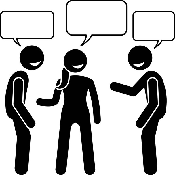 Mensen conversatie en communicatie met elkaar stok figuur pictogram pictogrammen. Vectorillustraties tonen mensen of vrienden die met elkaar praten en chatten in zittende en staande posities.. - Vector, afbeelding