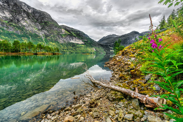Reflecties in het kalme water van het Noorse kristalheldere meer met een rotsachtige bodem in Stryn, Noorwegen. - Foto, afbeelding