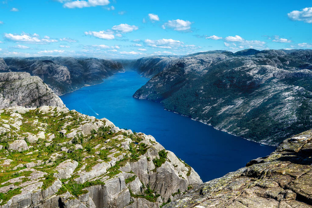 Lysefjord aerial panoramic view from the top of the Preikestolen cliff near Stavanger. Preikestolen or Pulpit Rock is a famous tourist attraction in Norway. - Photo, Image