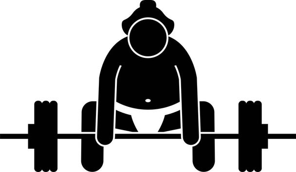 Пиктограмма японского борца сумо. Простые иконки клипарты изображают борца сумо, стоящего в положении, приседающего на корточках, поднимающего ногу, тренирующегося в тренажерном зале, поедающего и борющегося в позе судьи Гёдзи.. - Вектор,изображение
