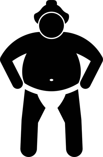 Japon Sumo güreşçisi piktogramı simgeler. Basit set simgeleri Sumo güreşçisinin ayakta durmasını, çömelmesini, bacağını kaldırmasını, spor yapmasını, yemek yemesini ve Gyoji hakemi ile güreş duruşunu betimler.. - Vektör, Görsel