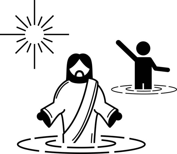 Jesus Christus grundlegende Handlungshaltungen und Posen im Symbolpiktogramm. Strichmännchen von Jesus Christus stehen, rennen, springen, meditieren, fliegen, schweben, sitzen und beten. - Vektor, Bild