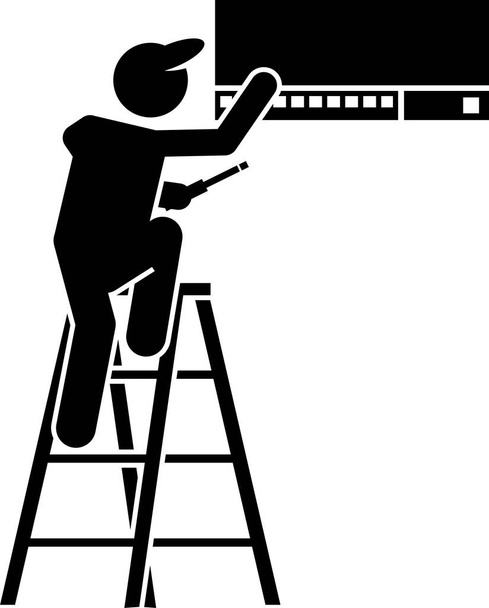 Installation von Home Fixtures und Hausdekorationen Ikonen. Piktogramm zeigt Arbeiter, die Einrichtungsgegenstände installieren, Möbel einziehen und den Wohnraum dekorieren. - Vektor, Bild