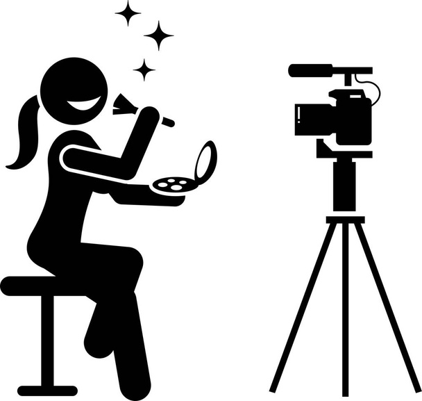 Social media influencers and Internet video content creator stick figure pictogram. Vector illustrations of man and woman creating video by showing their skills, expertise, and by being a reviewer. - Vector, Image