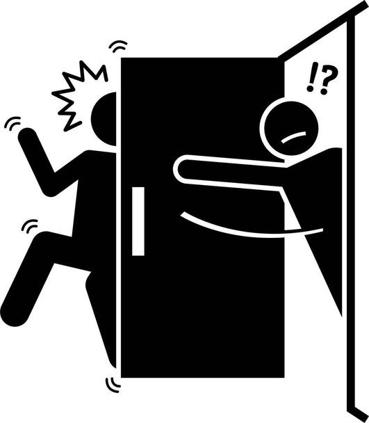 Pictograma de hombre y puerta. Cliparts representan varias acciones de un hombre con una puerta. - Vector, Imagen