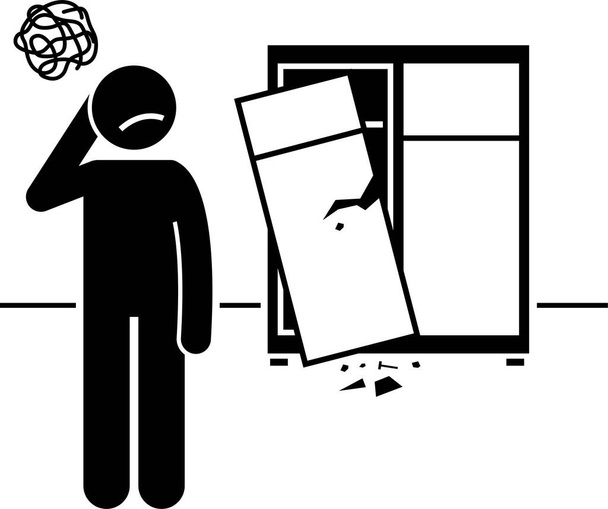 House defects issues and structural problems stick figure pictogram icons. Vector illustrations of a person unhappy and angry about home defects, spoiled structures, and broken furnitures. - Vector, Image