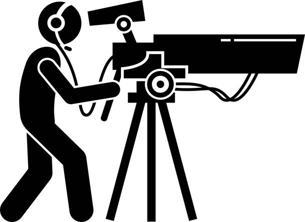 Filmowiec, filmowiec, operator i kamerzysta. Zdjęcia wideo i produkcja filmowa z dużą, drogą kamerą wideo - Wektor, obraz