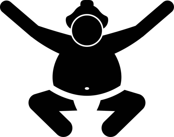 Pittogramma delle icone del lottatore giapponese Sumo. Semplice set icone cliparts raffigurano posizione in piedi wrestler sumo, accovacciato, alzando le gambe, allenamento di palestra, mangiare, e posture di posizione di wrestling con Gyoji arbitro. - Vettoriali, immagini
