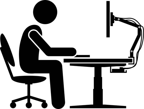 Escritorio de computadora ergonómico, lugar de trabajo y estación de trabajo. Los iconos del pictograma de la figura del palillo representan accesorios ergonómicos para el trabajo de oficina con buena postura y soporte. - Vector, imagen