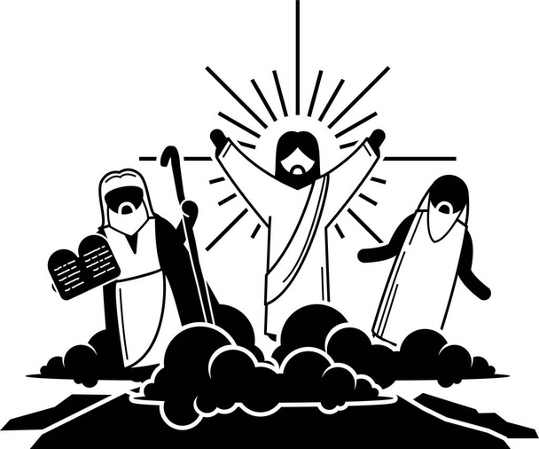 Los milagros de Jesucristo iconos pictograma. Figura de Jesucristo curando a ciegas, mujer, convirtiendo el agua en vino, exorcismo, resurrección, captura de peces, caminar sobre el agua, alimentación y transfiguración. - Vector, imagen