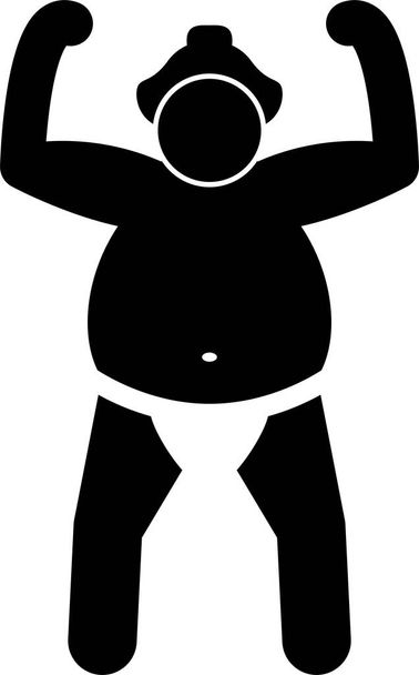 Японські сумо-борці ікони піктограми. Прості кусочки ікон зображують бійця сумо, який стоїть на позиції, присідає, піднімає ногу, тренує спортзал, їсть і бореться пози з Джодзі рефері. - Вектор, зображення