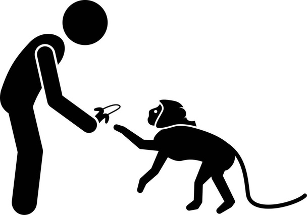 人間と猿の棒図ピクトグラム。イラストは猿の行動や、食べる、怒る、登る、歩くなどの反応を描いています。いたずらな猿もつかむと女性のハンドバッグを盗む. - ベクター画像