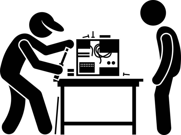 Man fixing, repairing, setup, and assembling a new PC by custom build the computer. Vector artwork depicts a computer technician upgrading and setting up a new computer with hardware parts. - Vector, Image