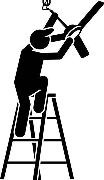 Installation von Home Fixtures und Hausdekorationen Ikonen. Piktogramm zeigt Arbeiter, die Einrichtungsgegenstände installieren, Möbel einziehen und den Wohnraum dekorieren. - Vektor, Bild