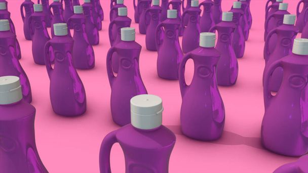 3d weergegeven illustratie van huishoudelijke chemicaliën blanco plastic flessen met handvat en gebogen tips in een rij - Foto, afbeelding