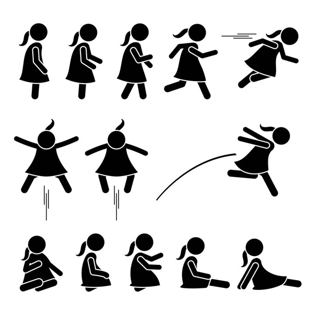 Kleines Mädchen stellt Strichmännchen-Ikonen dar. Illustration eines kleinen Mädchens, das steht, geht, rennt, springt und auf dem Boden sitzt.  - Foto, Bild