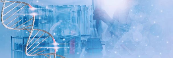 Lääkäri tai tiedemies tilalla lasiputki, jossa molekyyli- ja DNA-rakenne ja punasolujen näyte sisällä, käsite terveydenhuollon, lääketieteen, tieteen, teknologian kehittämisen sovellus biologinen järjestelmä - Valokuva, kuva