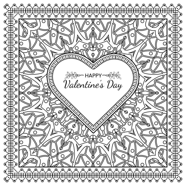 Happy Valentines day. Mehndi flower with frame in shape of heart. Mehndi flower for henna, mehndi, tattoo, decoration. decorative ornament in ethnic oriental style. doodle ornament. outline hand draw illustration. coloring book page. - Vector, Image