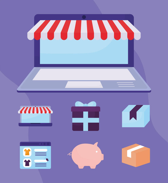 zestaw ikon sklepu internetowego na fioletowym tle - Wektor, obraz