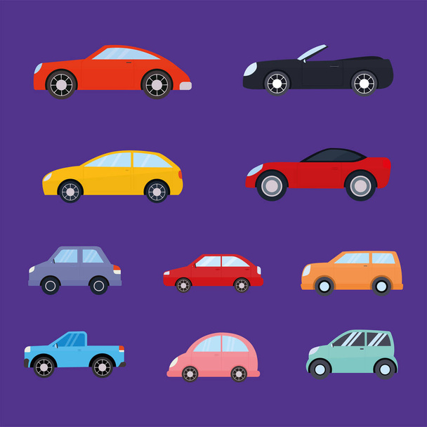 conjunto de iconos del coche sobre un fondo púrpura - Vector, imagen