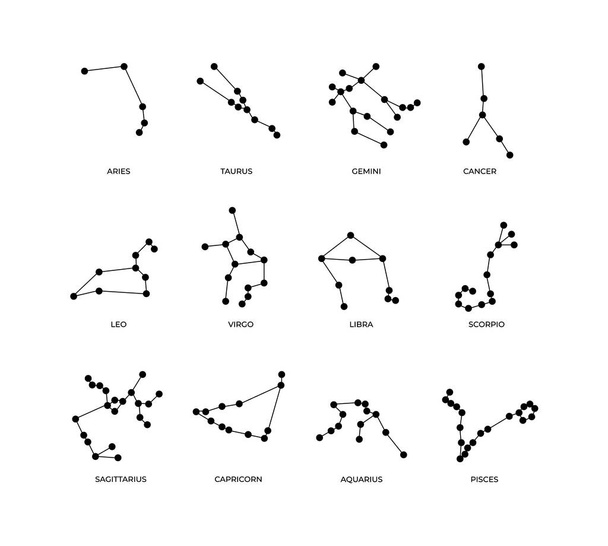 Dierenriemtekens. Tekenen van astrologische symbolen. Schematische rangschikking van sterren in sterrenbeelden. Zwarte punten verbonden door lijnen. Toekomst voorspellen met horoscoop. Vectorpictogrammen ingesteld - Vector, afbeelding
