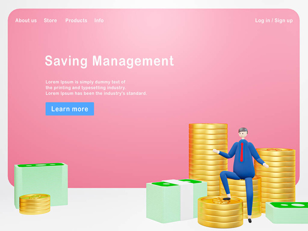 Ilustracja 3d kreskówka Biznesmen z zarządzania oszczędności pieniędzy, Koncepcja oszczędności pieniędzy - Web Banner, strona startowa, infografika - Zdjęcie, obraz