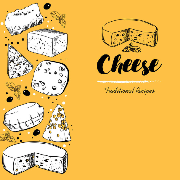 Farklı peynir türlerinin vektör görüntüleri. El yazması çizim  - Vektör, Görsel