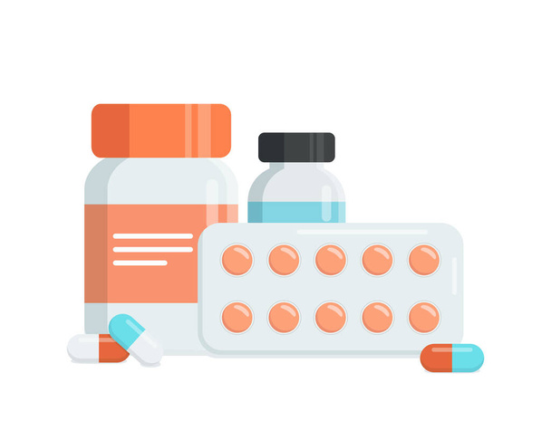 Lääkepullo, jossa on pillereitä, kapseleita, läpipainopakkaus, jossa on pillereitä, pullo, jossa on nestettä. Tasavektorin kuva  - Vektori, kuva