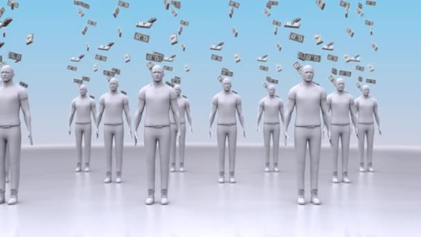Seamless loop of Universal basic income Concept, 3D animation. Governmental public program for a periodic payment delivered to all citizens. Aligned citizens money raining on them. - Footage, Video