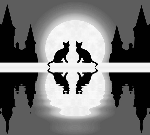 Un par de gatos sentados en un río sobre el fondo de la luna llena y el casco antiguo, clip art  - Foto, imagen
