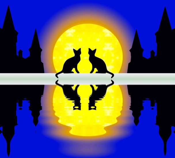 Para kotów siedzących nad rzeką na tle pełni świecącego księżyca i starego miasta, klip sztuki  - Zdjęcie, obraz