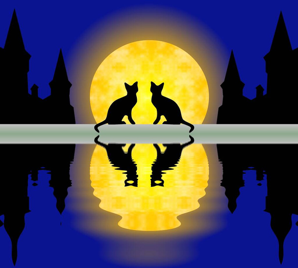 Un par de gatos sentados en un río sobre el fondo de la luna llena y el casco antiguo, clip art  - Foto, imagen