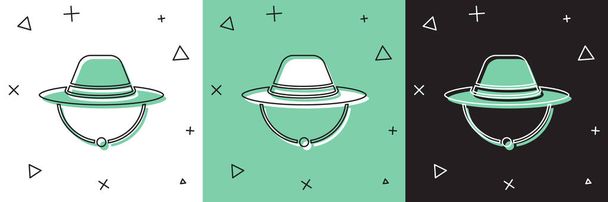 Zestaw Camping hat ikona izolowana na białym i zielonym, czarnym tle. Kapelusz plażowy Panama. Explorer kapelusz podróżników na polowania, wędrówki, turystyka. Wektor. - Wektor, obraz