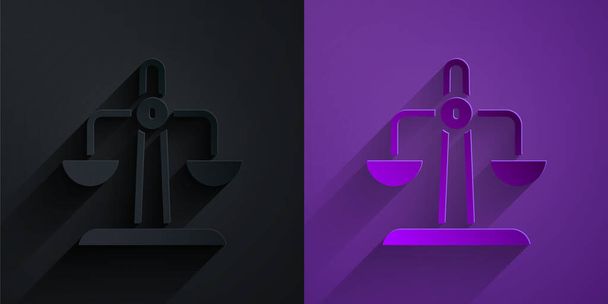 Paper cut Libra zodiac sign icon isolated on black on purple background. Astrological horoscope collection. Paper art style. Vector. - Vector, Image