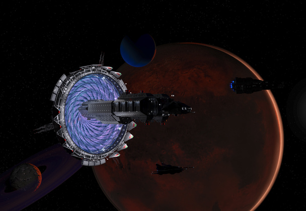 Puerta espacio-temporal y naves espaciales cerca de un planeta rojo del sistema solar en el espacio - representación 3d - Foto, imagen